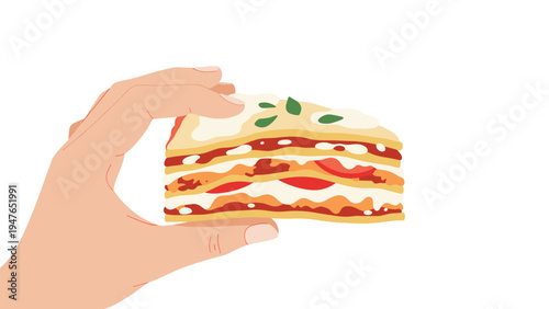 Delicious square of homemade lasagna with visible layers of pasta, tomato sauce, and cheese is held by a hand in this food illustration.
