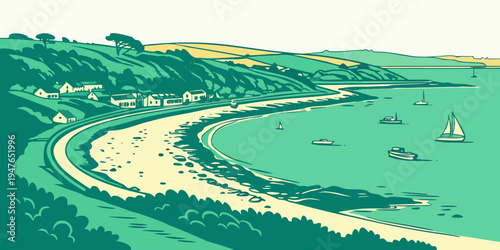 Aerial view of a beach with boats in the water Vector