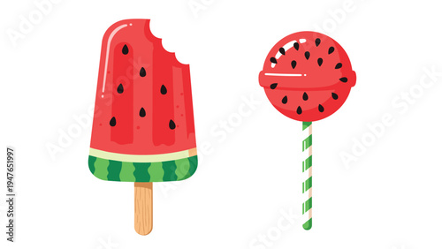 Watermelon flavored popsicle and a round lollipop with black seeds are shown together in a colorful and refreshing summer treat image.
