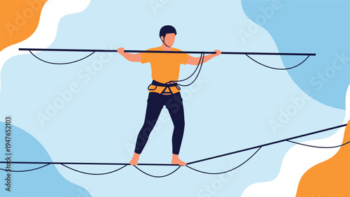 Skilled high wire walker maintains perfect balance with a long pole while walking across a tightrope against an abstract colorful backdrop.