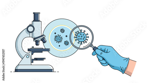 Medical professional in a blue glove uses a magnifying glass and microscope to carefully study virus samples in a petri dish.