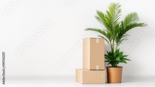 Moving Forward: Two stacked cardboard boxes and potted plant against a neutral backdrop, ready for transition and new beginnings.