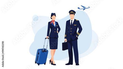 Professional airline pilot and flight attendant stand together in uniform with a travel suitcase under a clear blue sky with a plane.