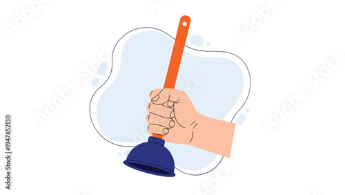 Single hand is shown gripping the orange handle of a blue toilet plunger against a light blue abstract background with soft bubbles.