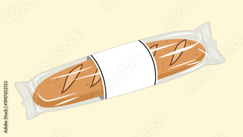 Freshly baked baguette bread is shown individually wrapped in clear plastic packaging with a clean white label for retail display.