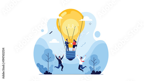 Cheerful business people celebrate and jump for joy around a large light bulb shaped like a hot air balloon representing creative ideas.