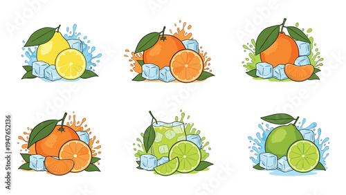 Set of six vibrant citrus fruit illustrations including oranges, lemons, and limes with ice cubes and refreshing juice splashes.