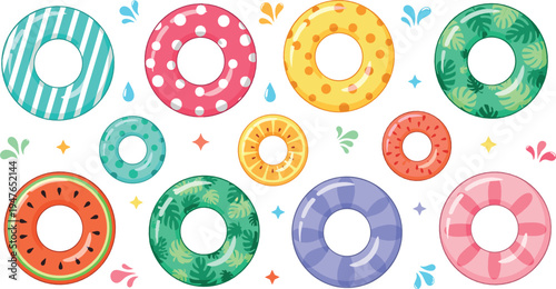 Colorful Pool Float Rings Vector Collection with Tropical Patterns Watermelon Citrus Polka Dot Inflatable Swim Tubes Illustration Set