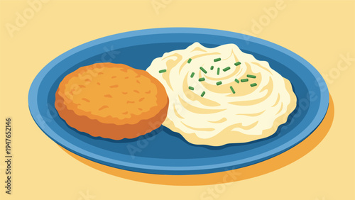 Hearty meal of a golden brown fried cutlet served with a large portion of creamy mashed potatoes garnished with fresh green chives.