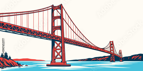 A red suspension bridge over water Vector