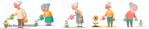 vector of a grandma stand watering small flower in a pot during spring