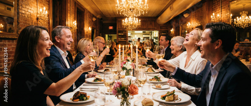Group of people celebrating together at an elegant dinner party with candlelight and fine dining