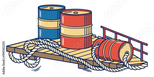 A wooden pallet with barrels and a spool of rope Vector