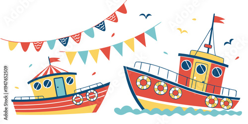 Two colorful boats with bunting Vector