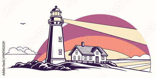 A lighthouse and house on a rocky coastline at sunset Vector