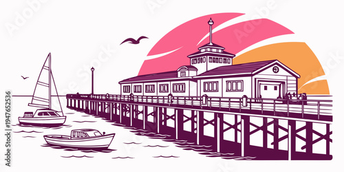 A pier with a building and a sailboat Vector