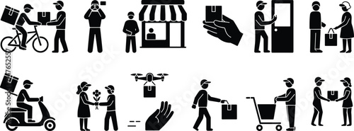 Delivery and courier service icons collection showing parcel shipping, drone delivery, bike courier, doorstep package handover and logistics service vector set