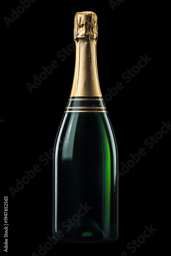 Closed champagne bottle with golden foil and sparkling wine inside no label on dark backdrop with clipping path