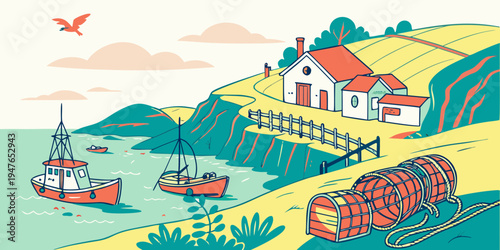 A small village on a hillside by the sea with boats Vector