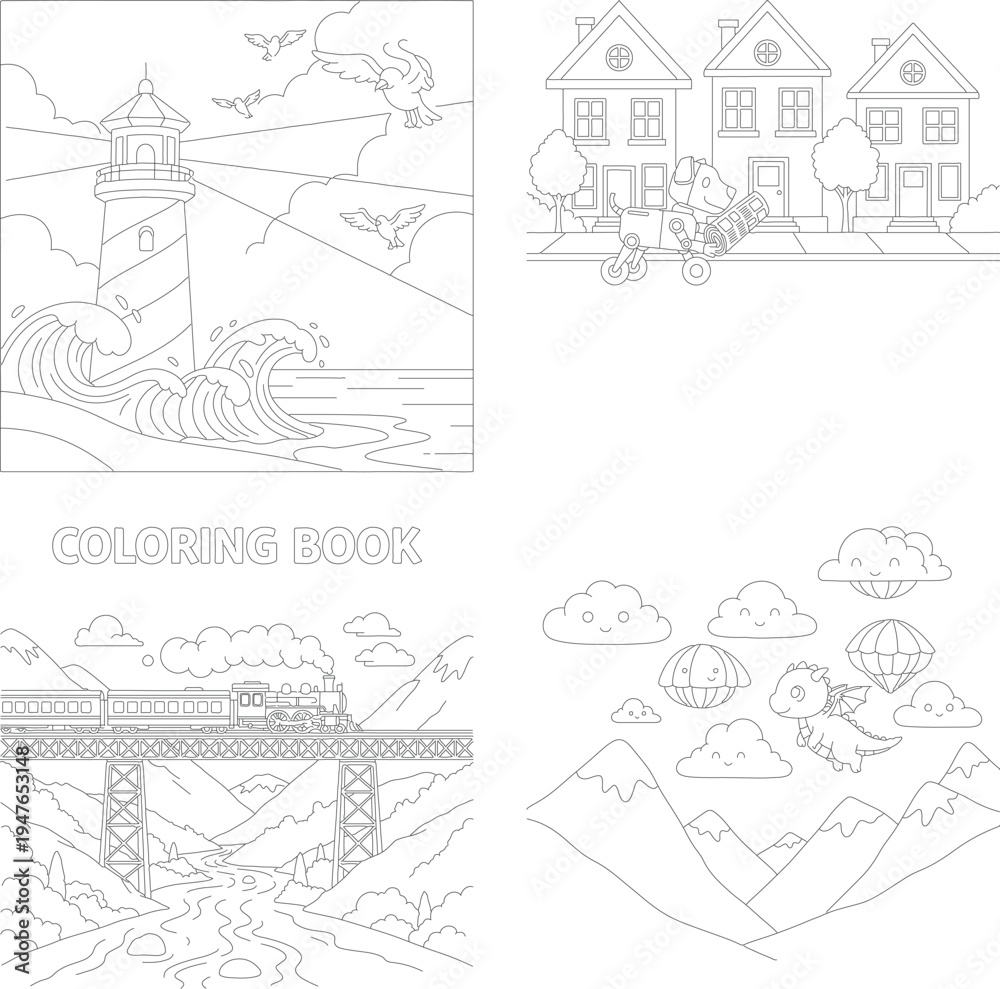 Obraz premium Airplane flying over tropical island with palm trees, outline art, coloring page, line art, black and white