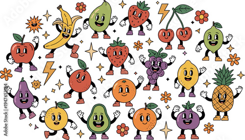 Cute Cartoon Fruit Characters Vector Collection with Apple Banana Strawberry Lemon Pineapple Funny Mascot Illustration Set