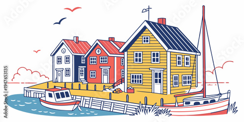 A colorful illustration of a harbor with houses and a sailboat Vector