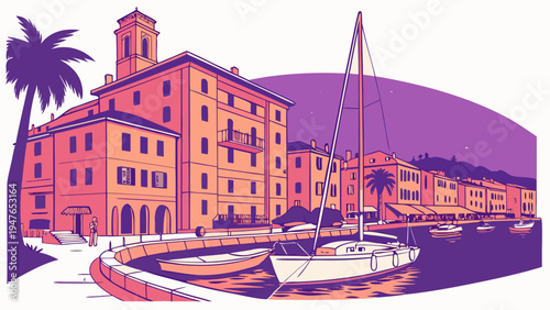 A large building next to a docked sailboat Vector