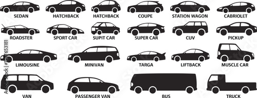 Diverse Collection of Black Car Silhouettes with Type Labels on White Background automobile vehicle