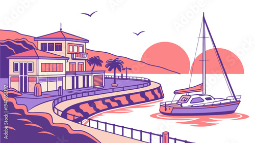A house by the sea with a sailboat docked Vector