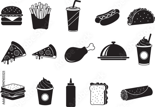 Black and white illustration of various fast food items