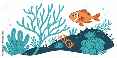 Two orange fish swim among coral reef plants Vector