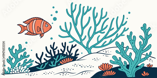 A colorful fish swims near coral and seaweed Vector