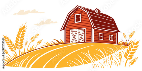 A red barn on a field of wheat Vector
