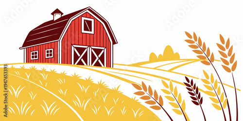 A red barn on a hill with a field of wheat Vector