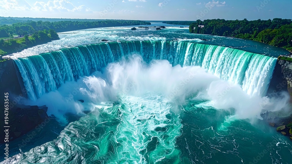 Fototapeta premium ナイアガラの滝 空撮 壮大な馬蹄形の曲線と水煙 背景素材 ネイチャーテクスチャ Niagara Falls Aerial View Majestic Horseshoe Curve and Mist Nature Background Texture