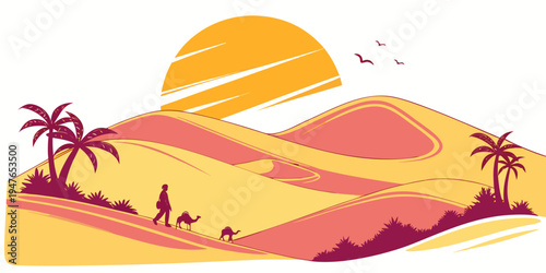 A desert landscape with a camel caravan and palm trees at sunset Vector