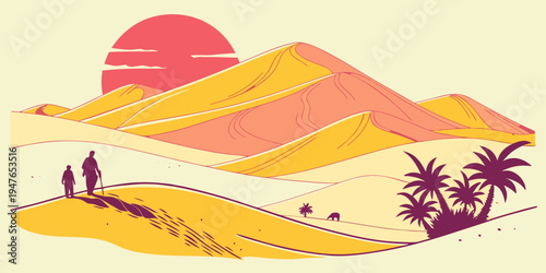 A desert landscape with mountains and palm trees Vector