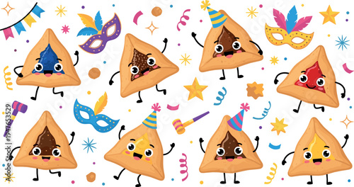 Cute hamantaschen cookies cartoon vector illustration set with carnival masks, party hats, confetti and festive Purim holiday celebration elements