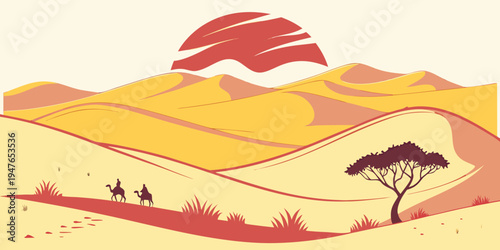 A desert landscape with a tree and two people Vector