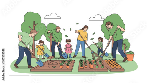 Group of people of various ages working together in a garden planting and raking soil in organized vegetable beds.