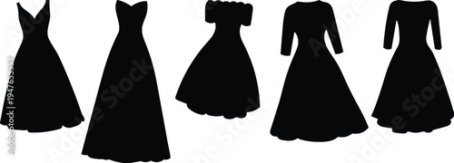 Elegant women dress silhouette collection featuring long evening gowns and fashion outfits isolated on white background stylish clothing vector illustration set