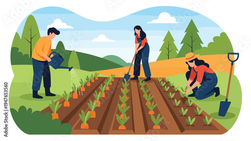 Three agricultural workers planting and watering rows of vegetables in a field with a rolling hills background.