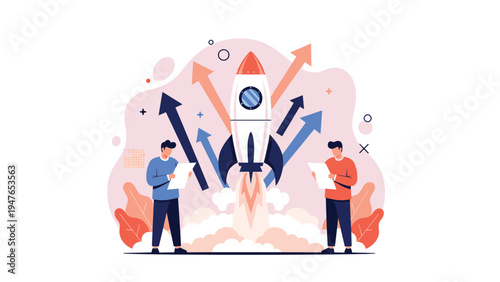 Two business professionals observing a rocket launch surrounded by upward arrows symbolizing growth and success.