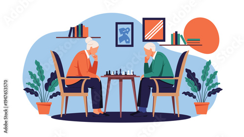 Elderly man and woman sitting across from each other playing a strategic game of chess in a cozy, plant filled room.