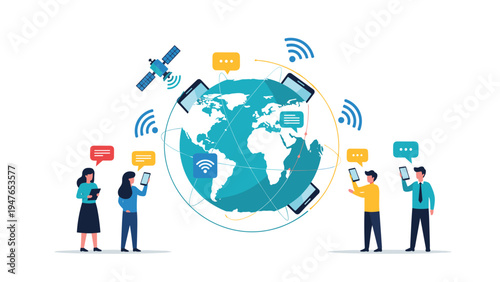 Global communication concept featuring people using mobile devices connected to the Earth via satellites and wifi icons.