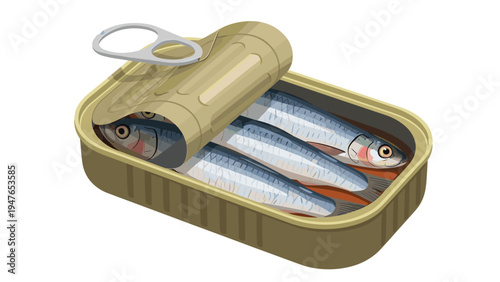 Open rectangular tin can filled with sardines in oil or sauce with a silver ring pull lid peeled back for serving.