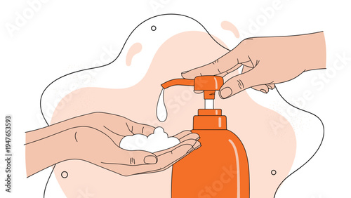 Person pressing the pump of an orange bottle to dispense white soap or lotion into the palm of another hand.