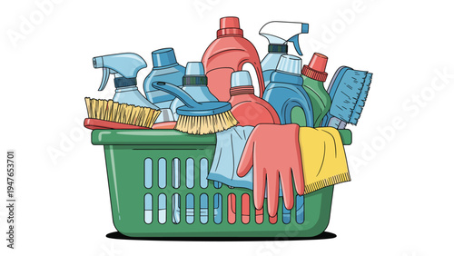 Green plastic laundry basket overflowing with various cleaning products, detergents, brushes, sponges, and protective gloves for housework.