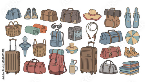 Comprehensive set of travel equipment including suitcases, backpacks, bags, hats, and shoes for planning an adventure or vacation trip.