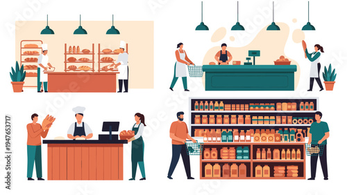 Collection of four scenes showing people shopping for groceries in a supermarket and bakers preparing fresh bread in a bakery shop.